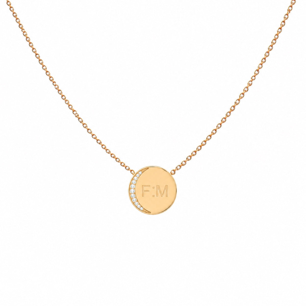Crescent moon medal necklace in 18K yellow gold by Aquae Jewels