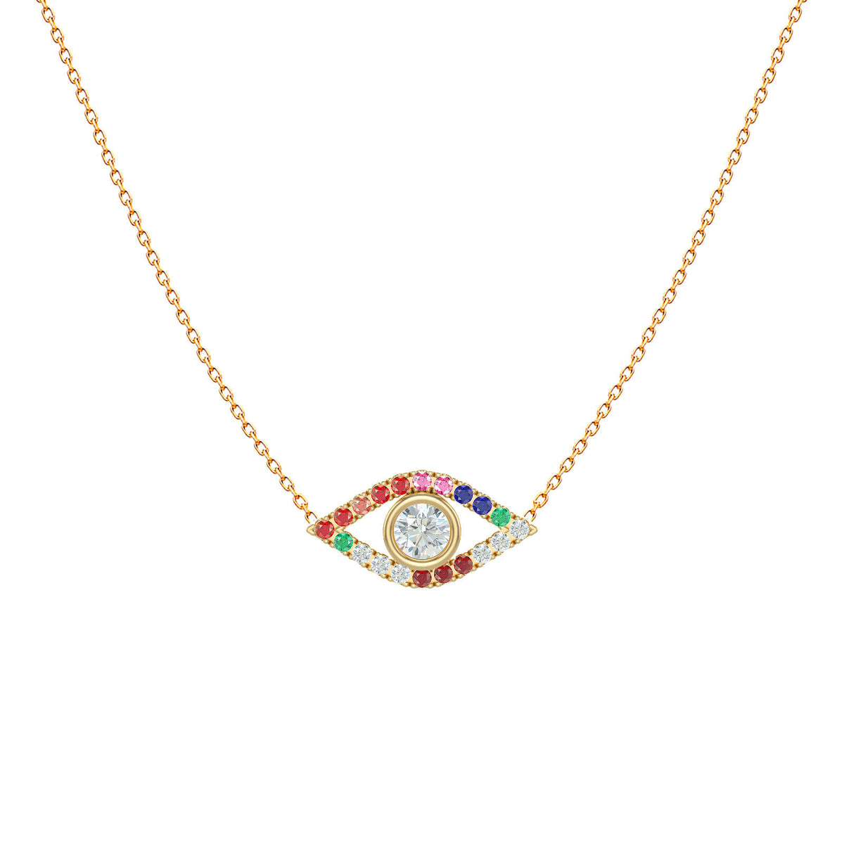 Multi-colour stone and diamond evil eye necklace in 18K gold