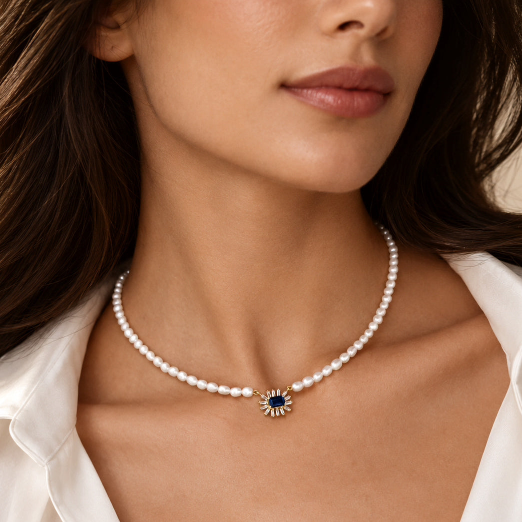 Pearl Row & Emerald-Cut Precious Stone Necklace – Cleopatra, solid 18K gold, view 2 of 22