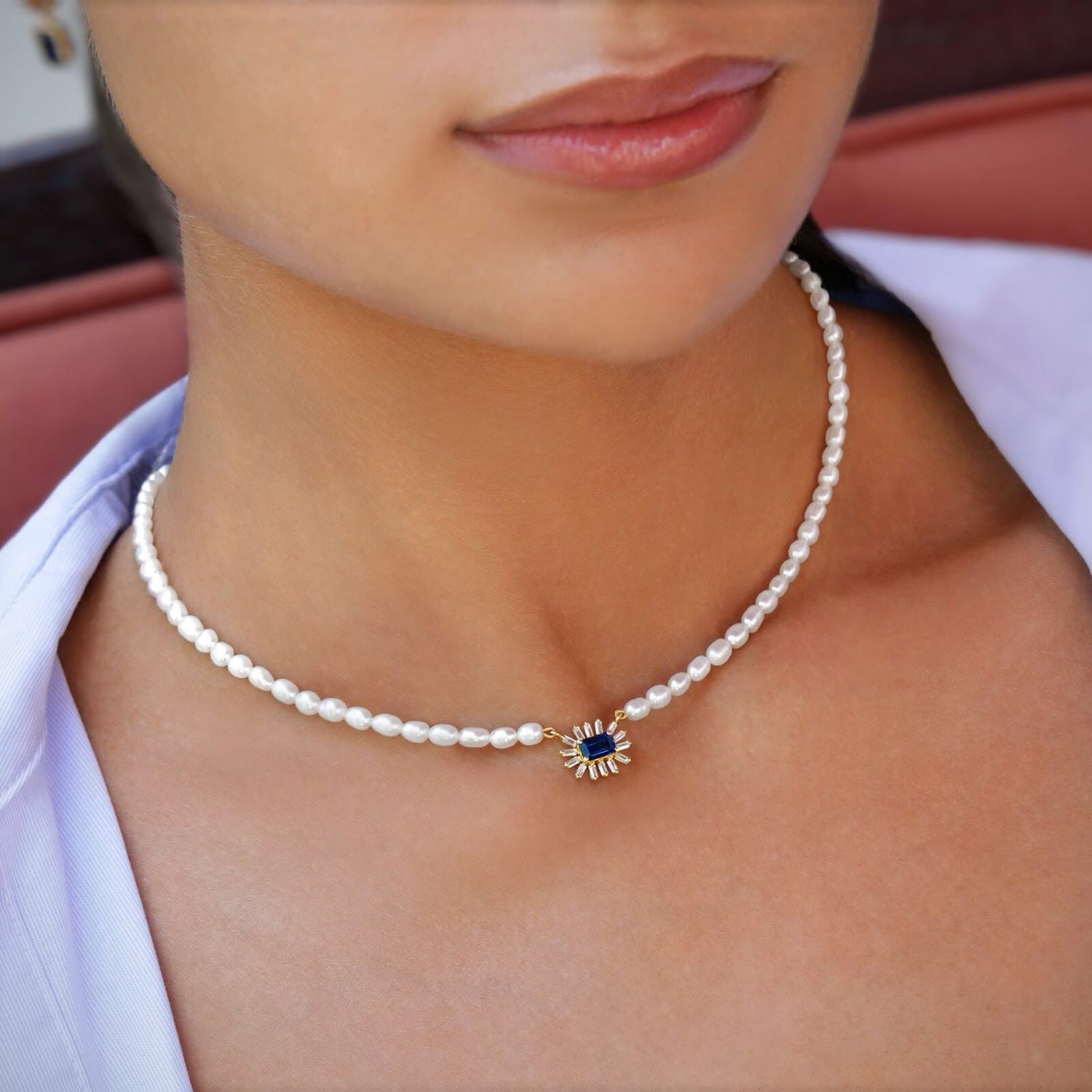 Cleopatra Baguette Pearls Diamond Necklace