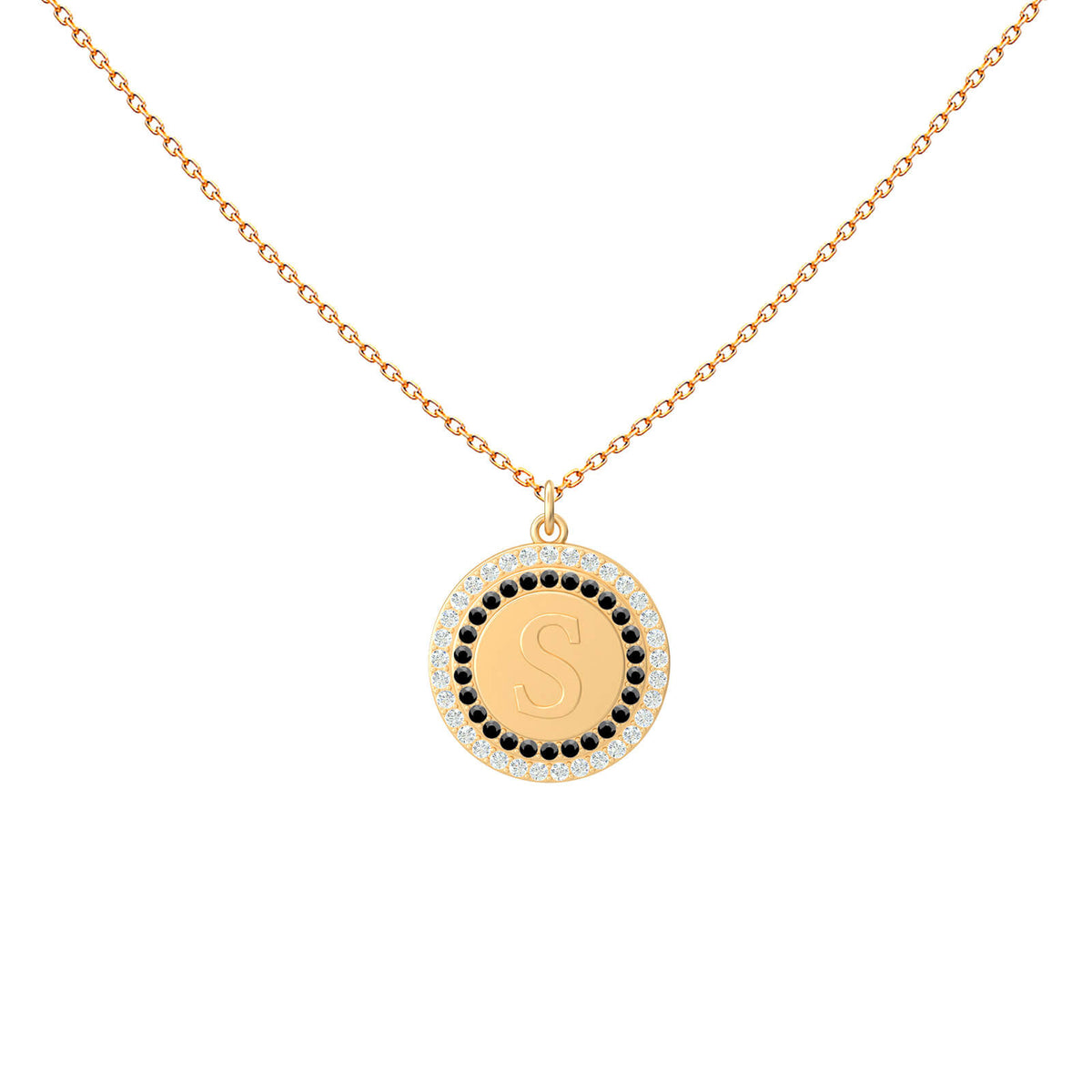 Black and white diamond initial medal necklace in 18K gold