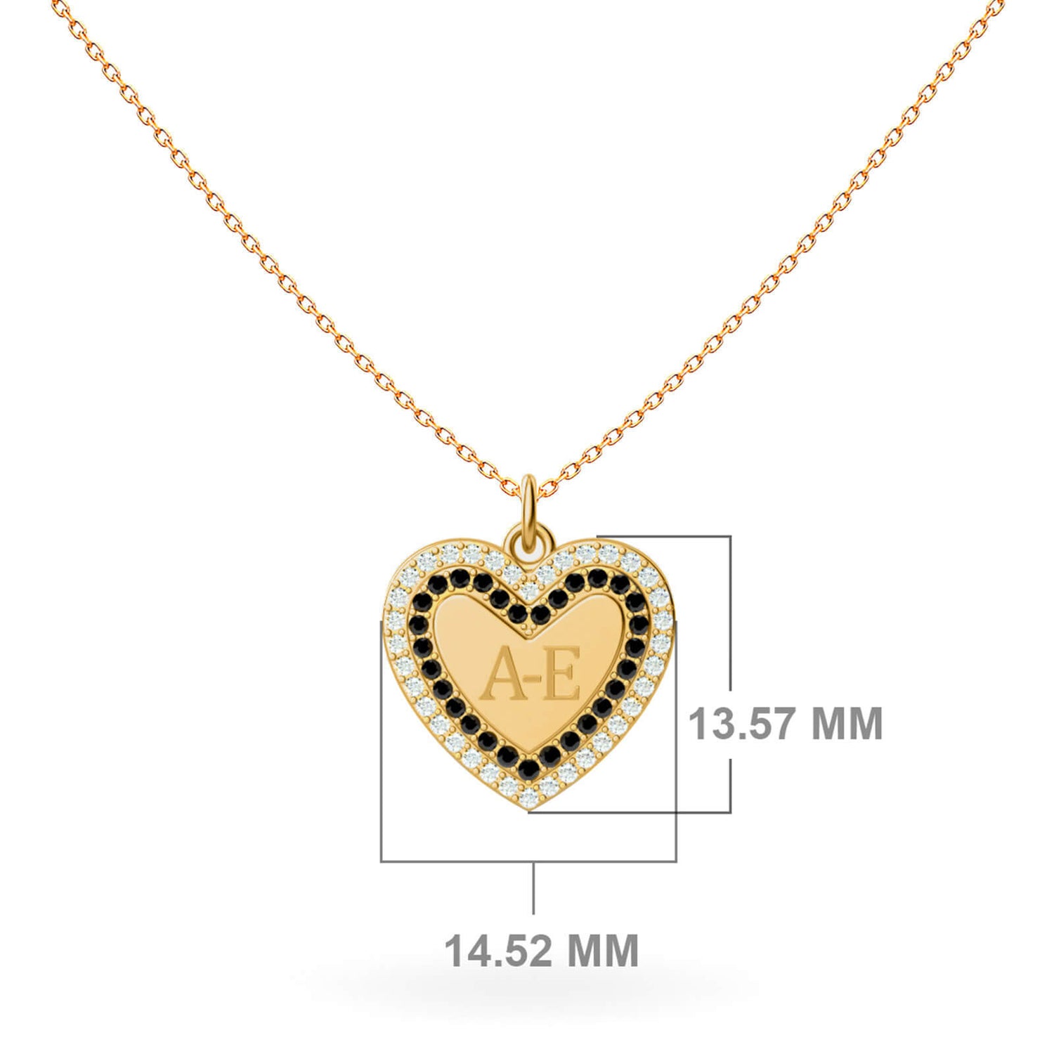 Black and white diamond monogram heart necklace, size reference