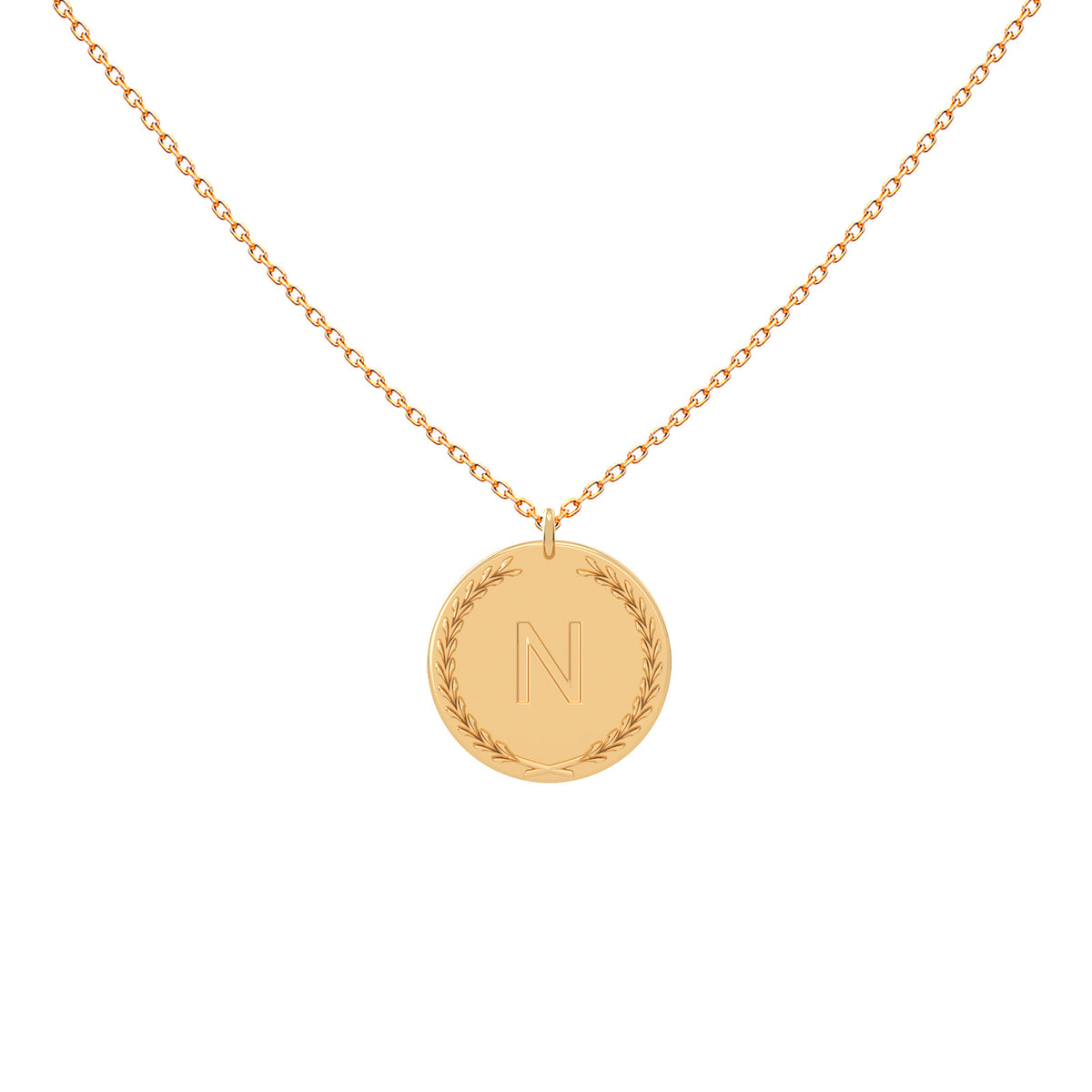 Engraved gold medal necklace with one initial in 18K gold