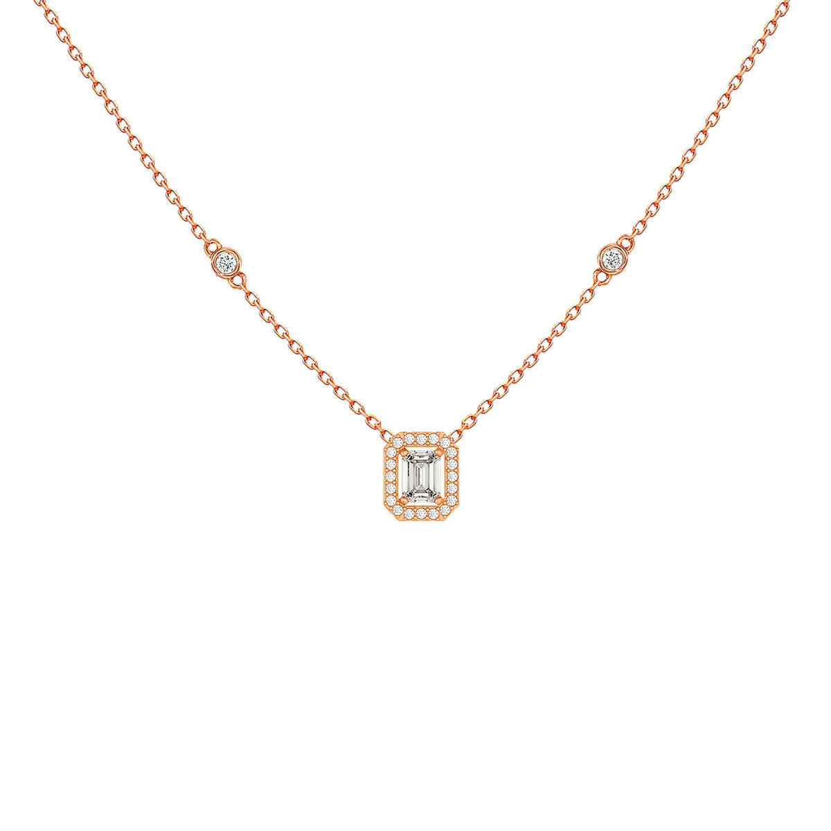 Emerald-cut diamond halo pendant necklace in rose 18K gold – Verona