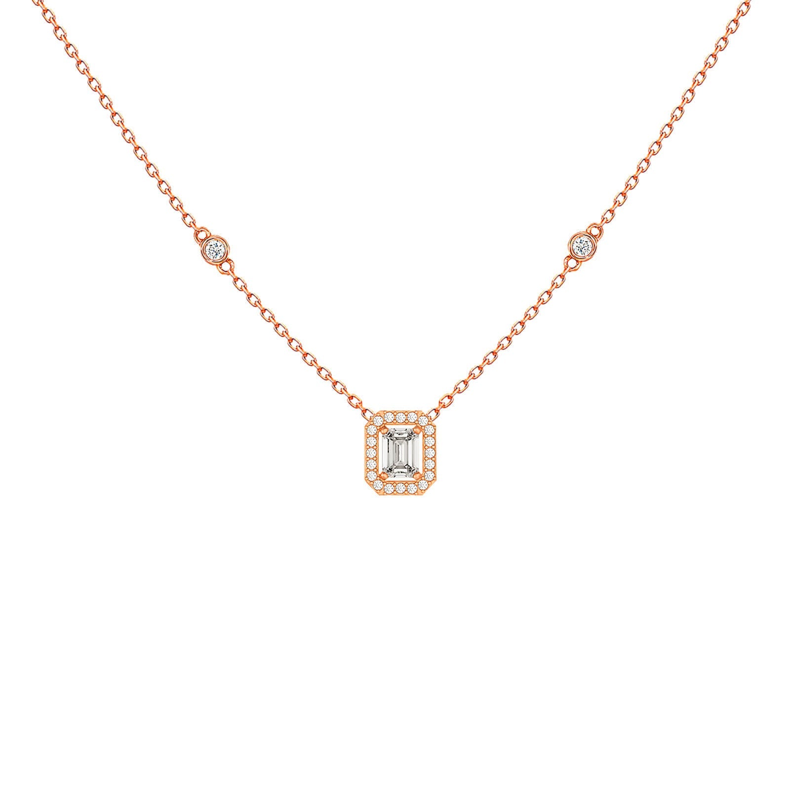 Emerald-cut diamond halo pendant necklace in rose 18K gold – Verona