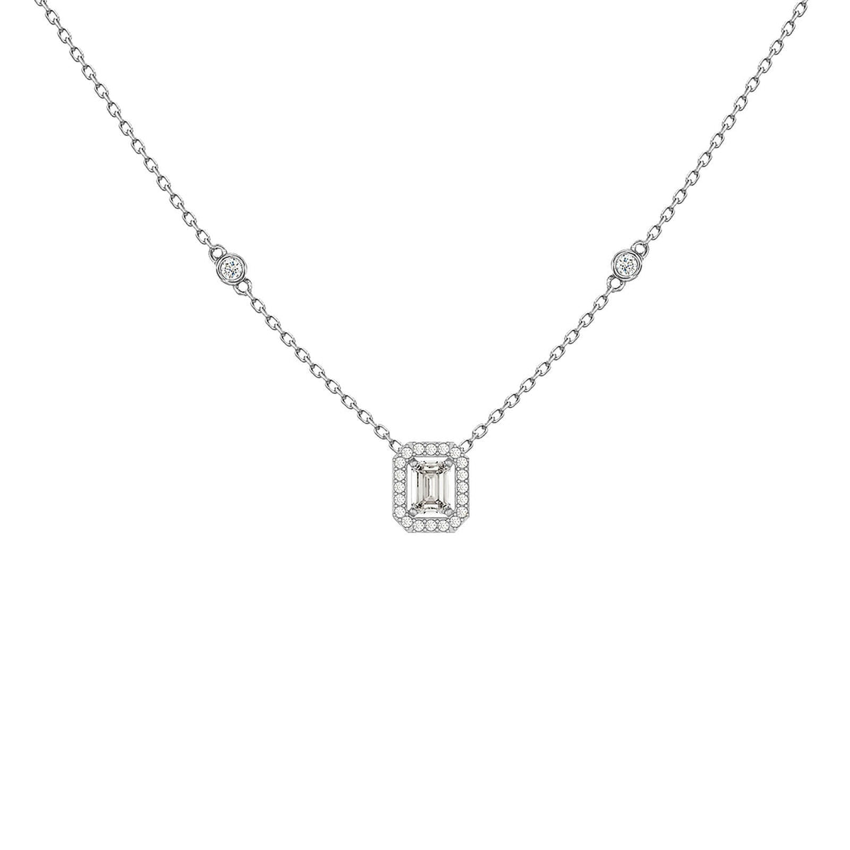 Emerald-cut diamond halo pendant necklace in white 18K gold – Verona