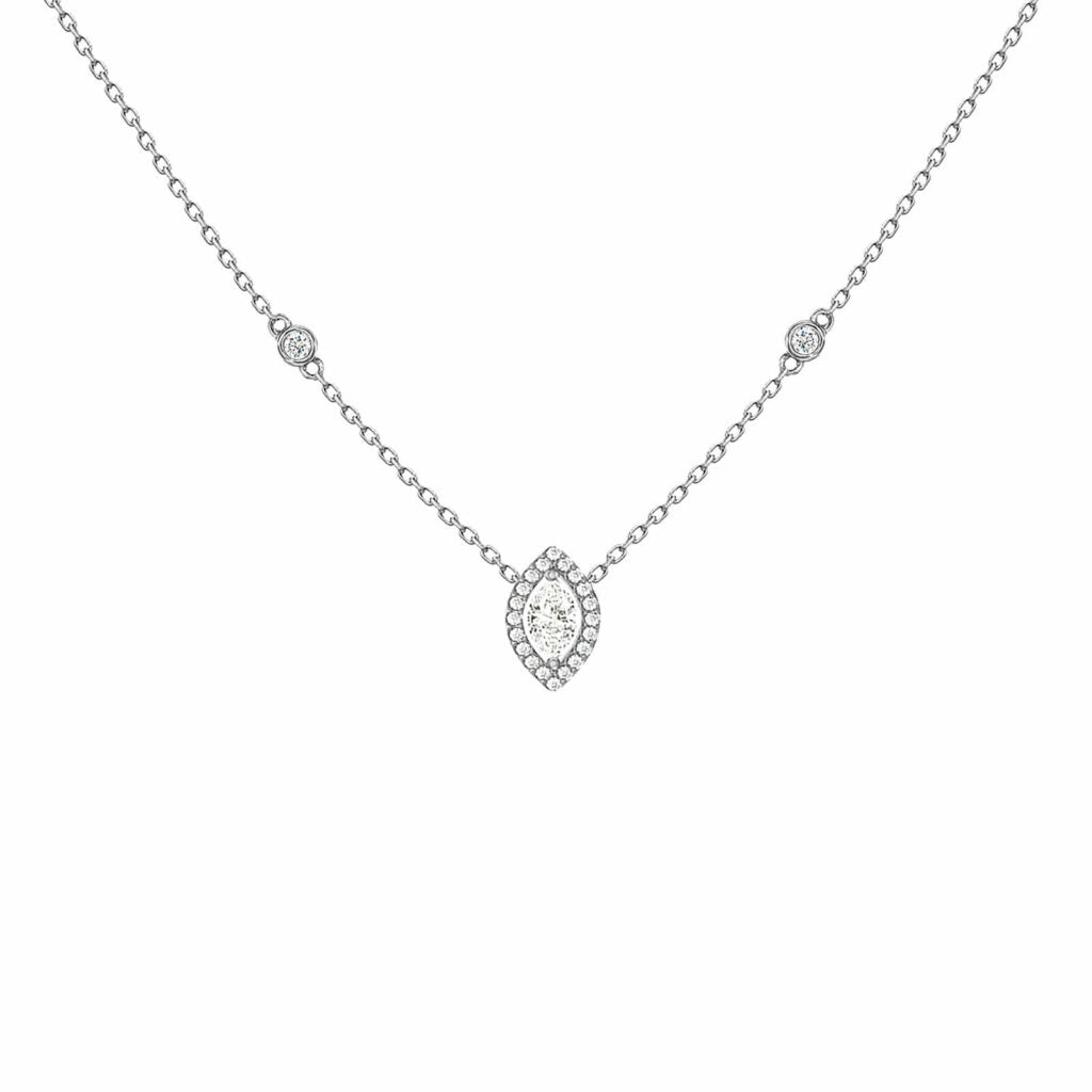 Marquise diamond halo pendant necklace in white 18K gold – Verona