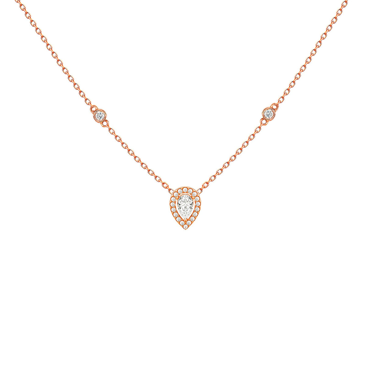 Pear-cut diamond halo pendant necklace in rose 18K gold – Verona