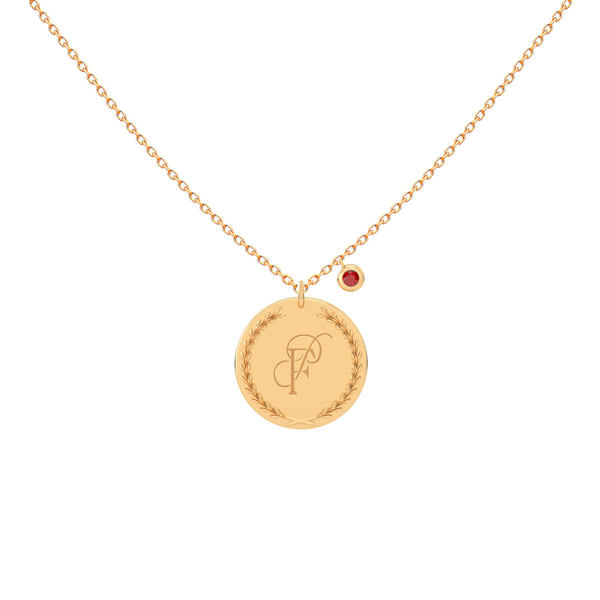 Engraved gold medal and birthstone necklace in 18K gold