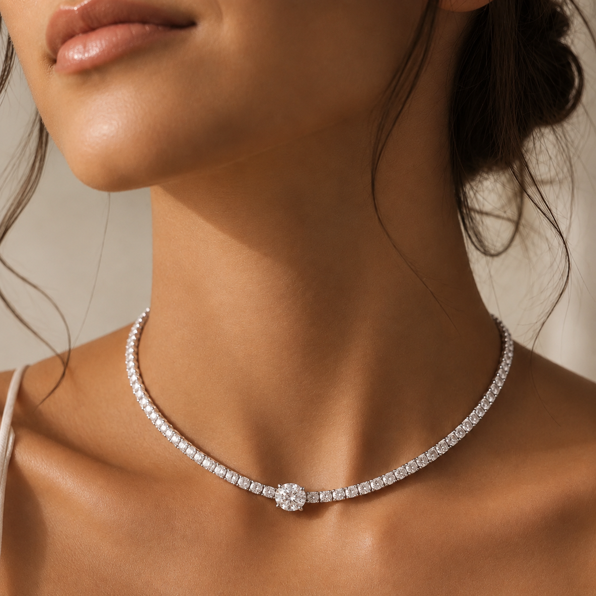 Oval-cut diamond tennis necklace in 18K white gold, worn