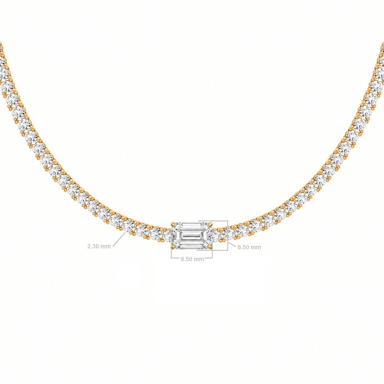 Emerald-cut diamond tennis necklace in 18K gold, alternate view