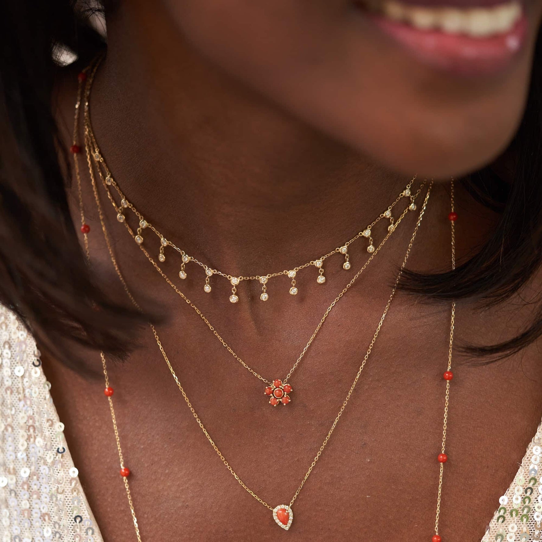 Necklace Coral Flower 18K Gold And Diamonds