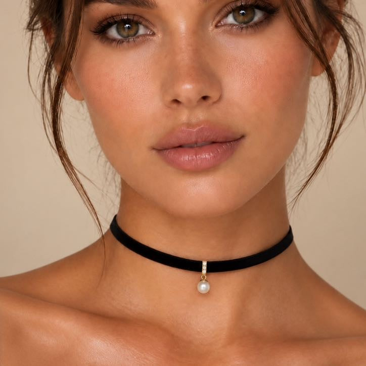 Velvet Pearl Choker necklace, solid 18K gold, view 2 of 7