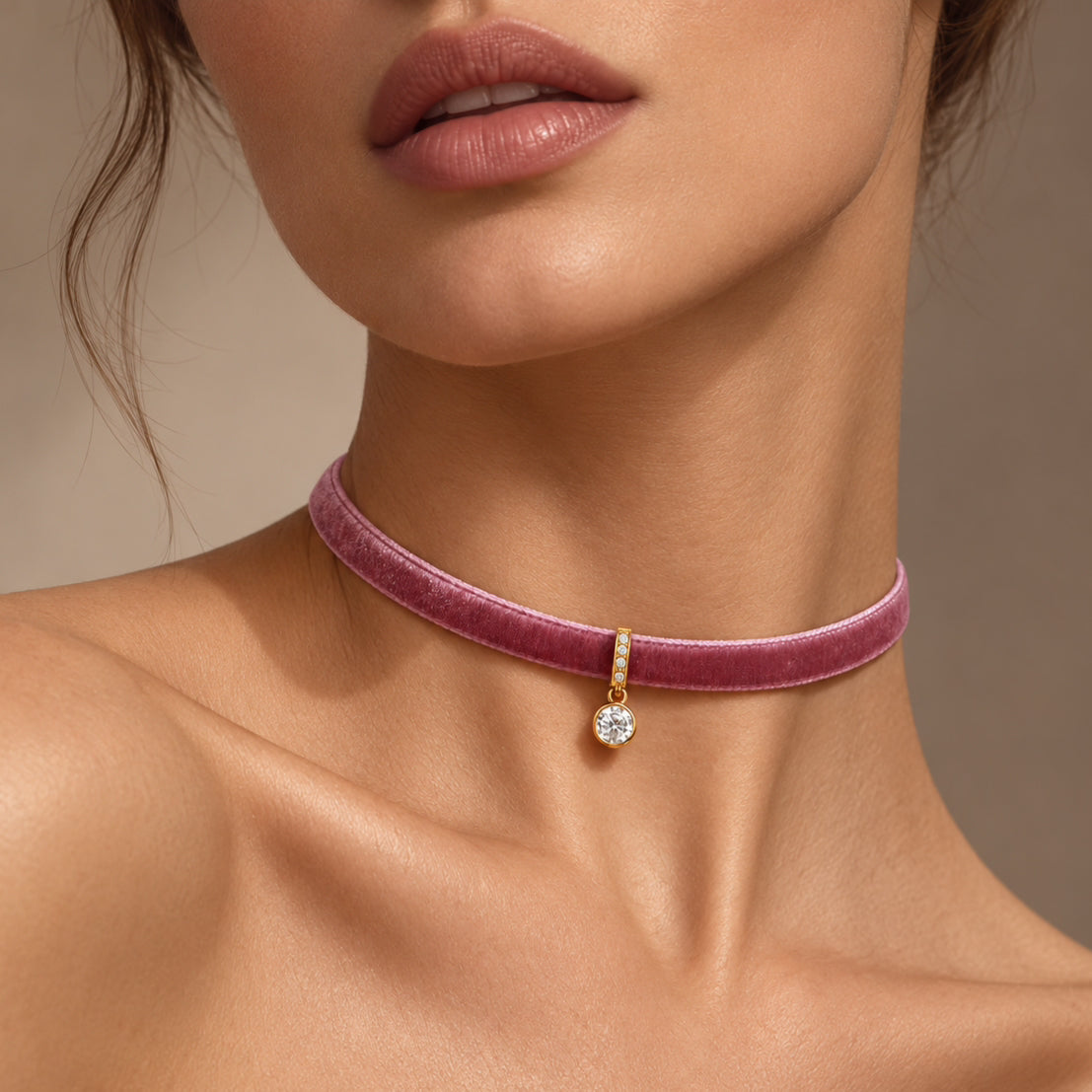 Velvet Solitaire Diamond Choker necklace, solid 18K gold, view 2 of 9