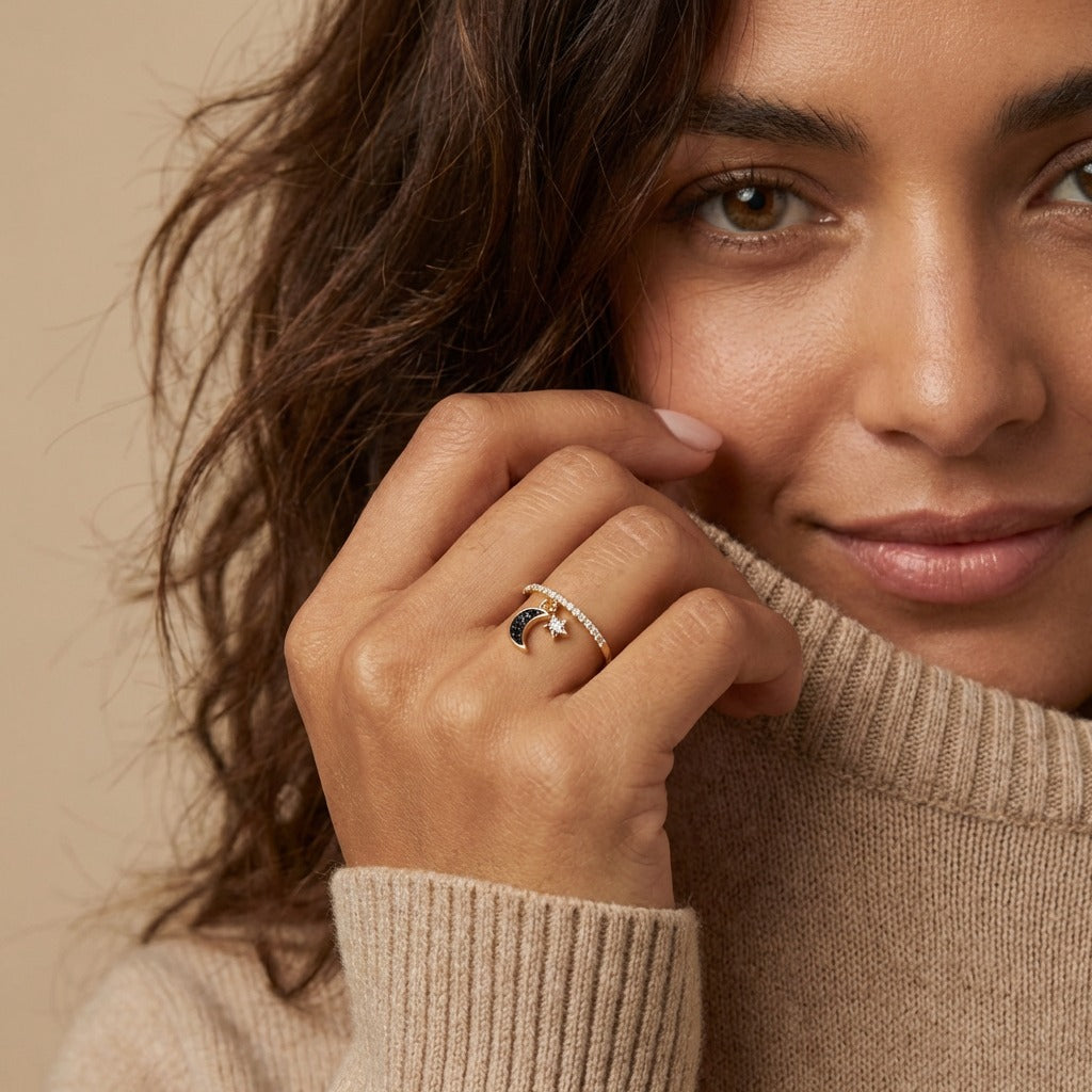 Black Moon & Star Petite Ring