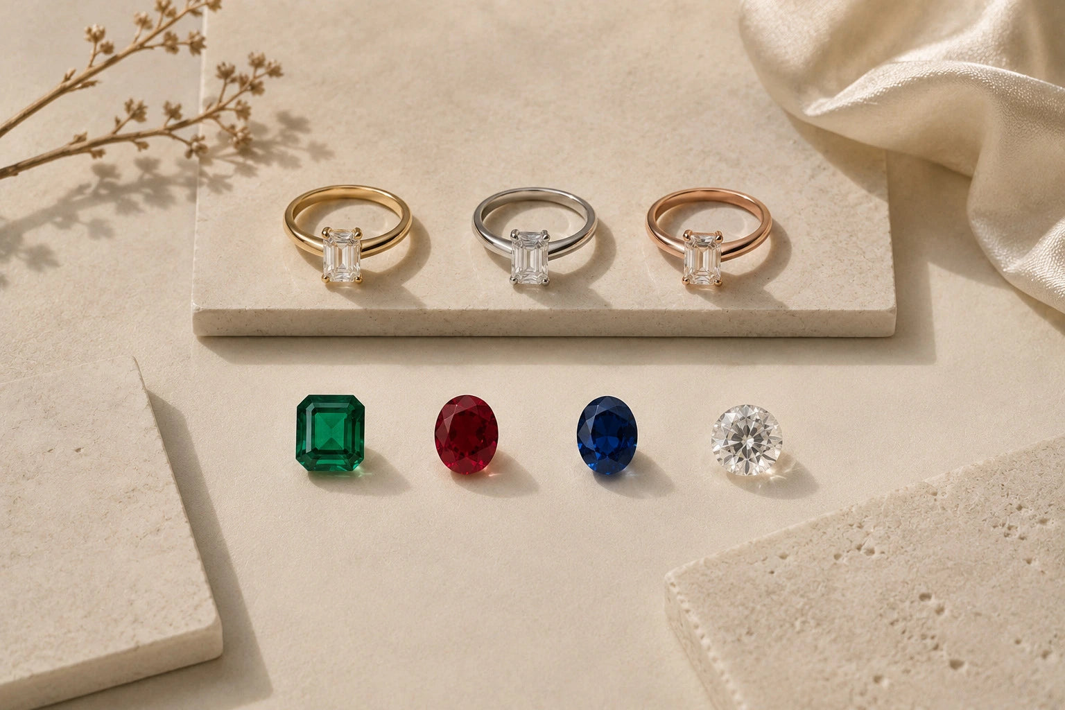 Three bespoke solitaire engagement rings in 18K yellow, white and rose gold with emerald, ruby, sapphire and diamond