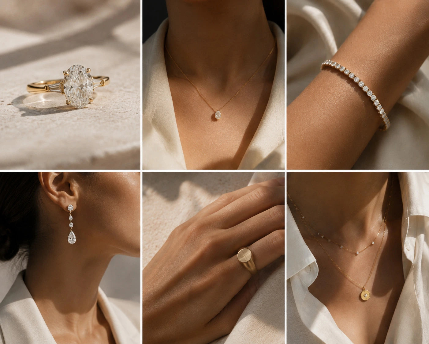 Bespoke Aquae Jewels creations: oval diamond ring, solitaire pendant, tennis bracelet, drop earrings, signet ring and layered necklaces in 18K gold