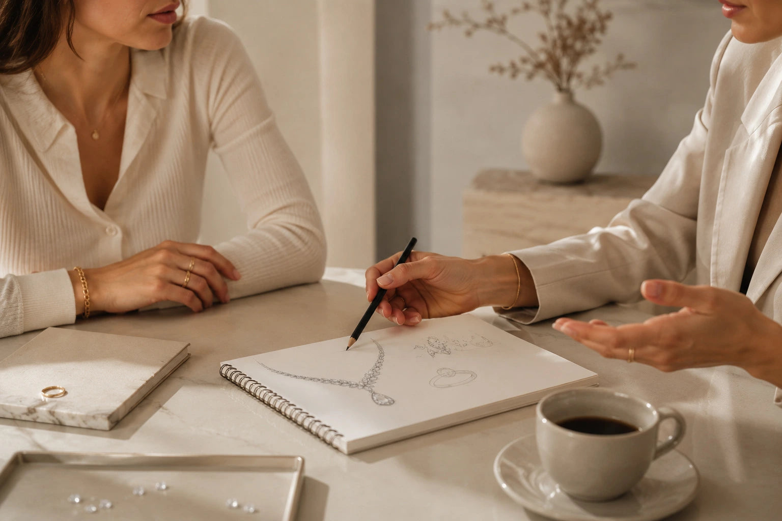 Aquae Jewels designer sketching a custom diamond necklace with a client during a bespoke jewelry consultation