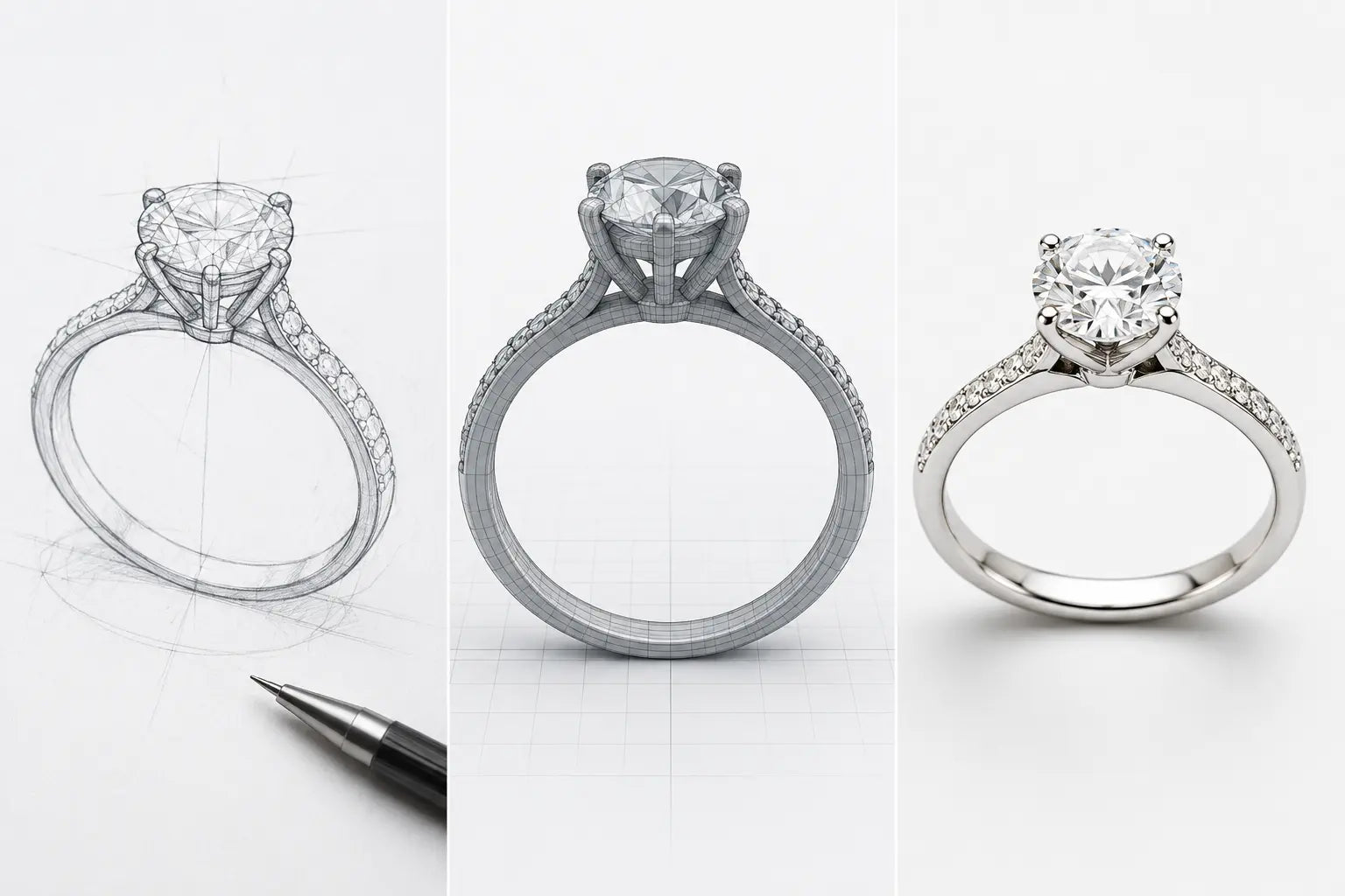 An Aquae Jewels bespoke engagement ring evolving from hand sketch, to CAD wireframe, to finished natural diamond ring