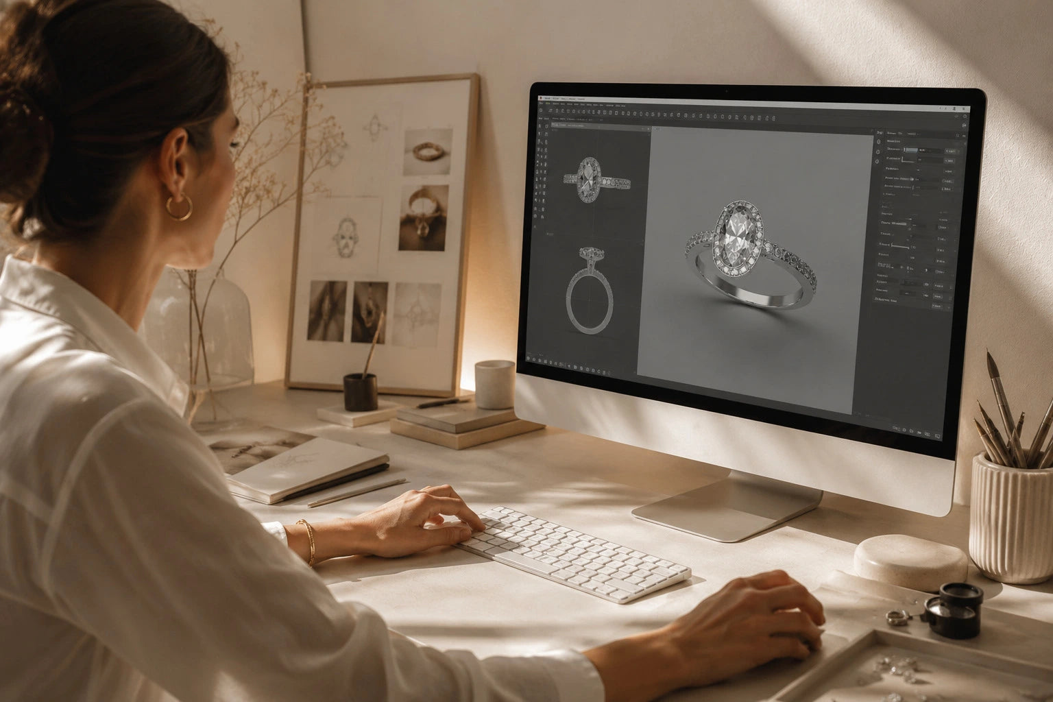 Aquae Jewels designer modelling a custom oval diamond engagement ring in 3D CAD software