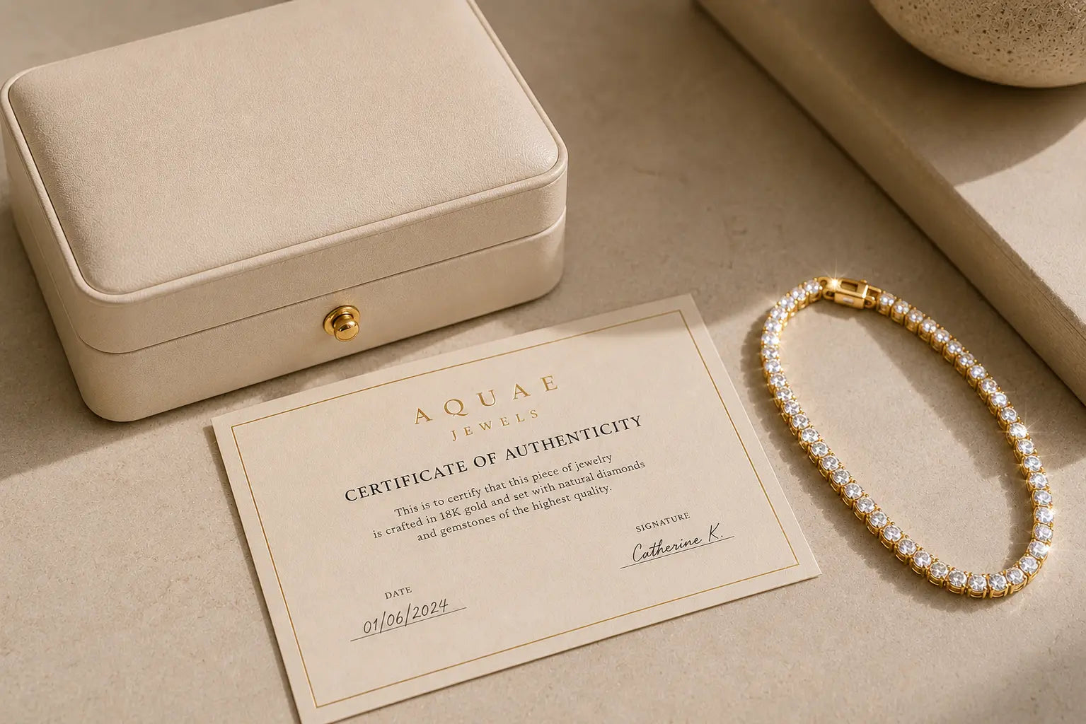 An Aquae Jewels Certificate of Authenticity beside a jewelry gift box and a solid 18K gold diamond tennis bracelet