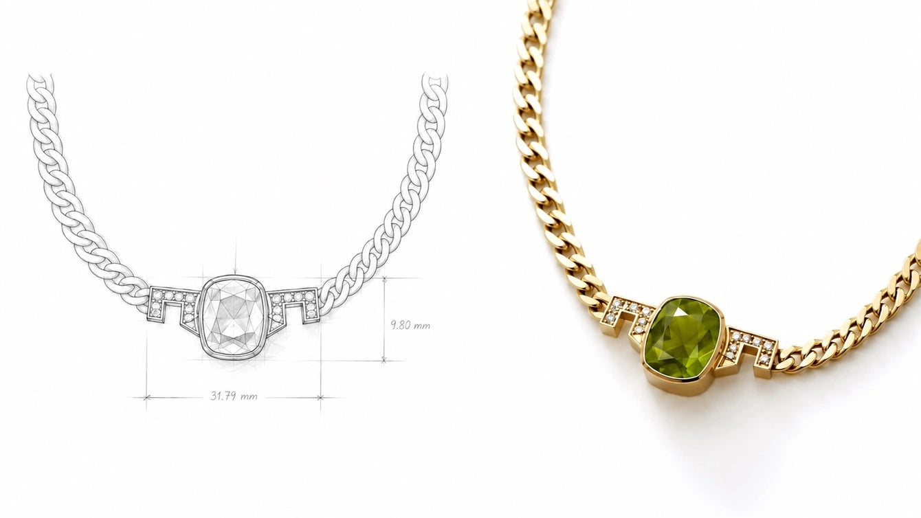 Aquae Jewels bespoke fine jewelry piece with technical sketch, representing handcrafted solid 18K gold jewelry with natural diamonds