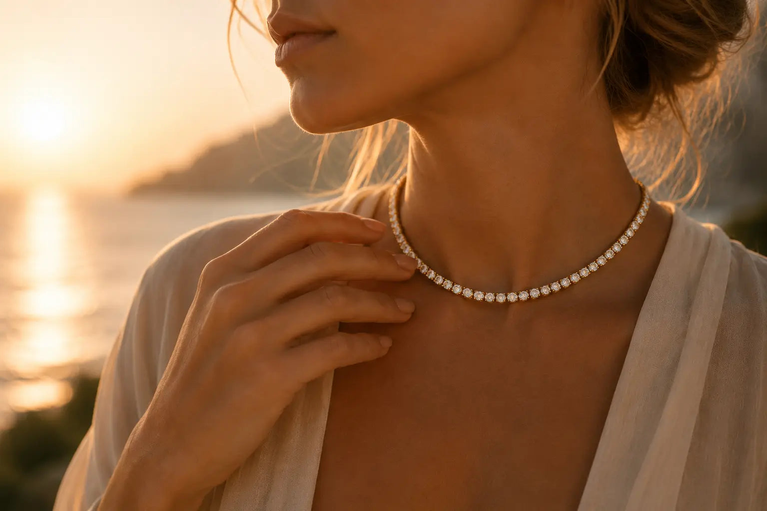 Woman wearing an Aquae Jewels diamond tennis necklace in solid 18K gold at sunset, backed by the 5-Year Warranty