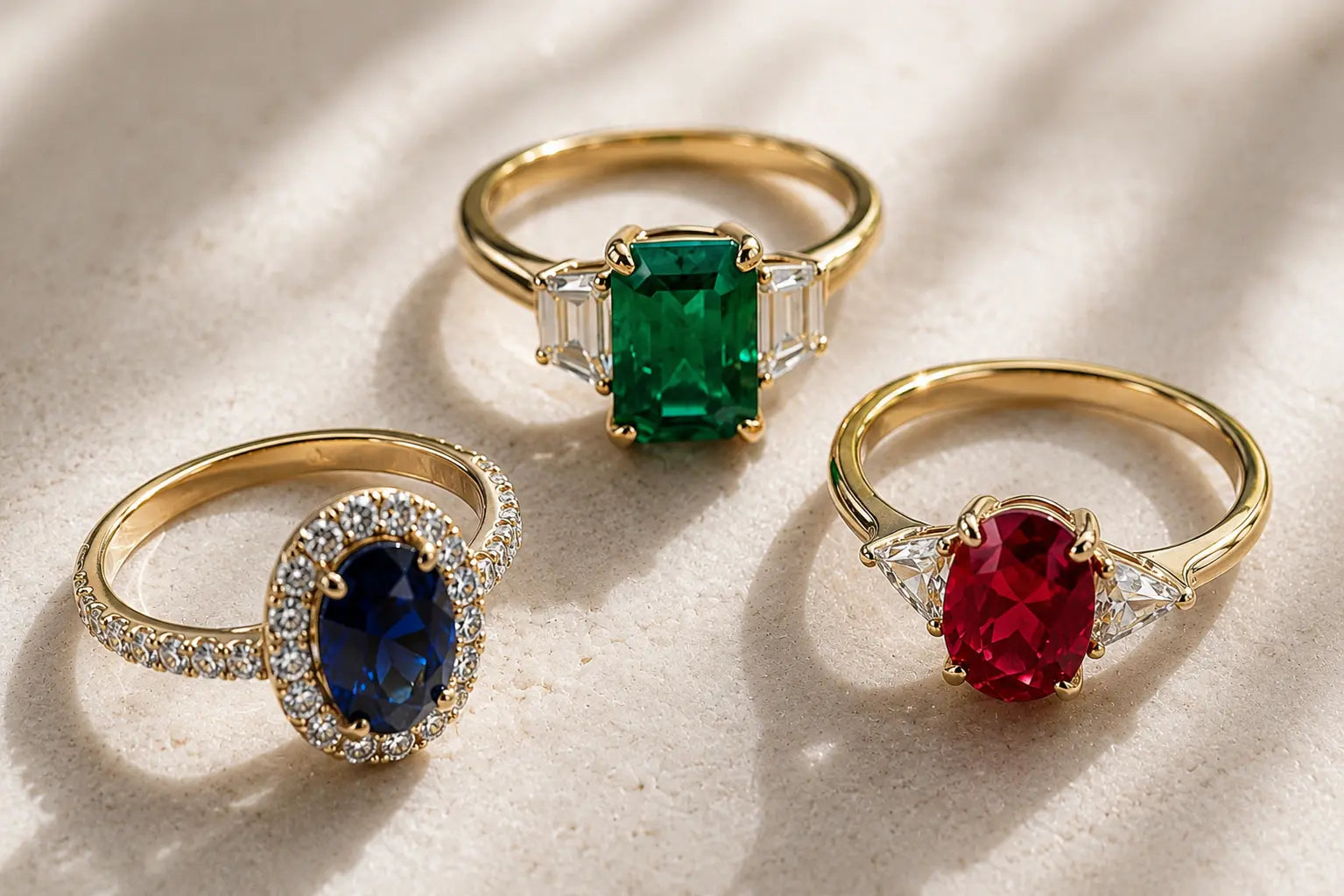 Three Aquae Jewels gemstone rings in solid 18K gold set with a natural emerald, ruby and blue sapphire framed by diamonds
