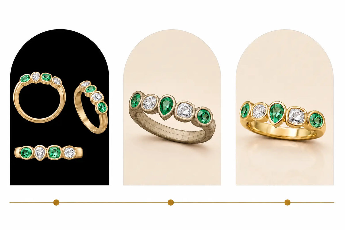 Aquae Jewels green gemstone and diamond ring shown during the bespoke design process