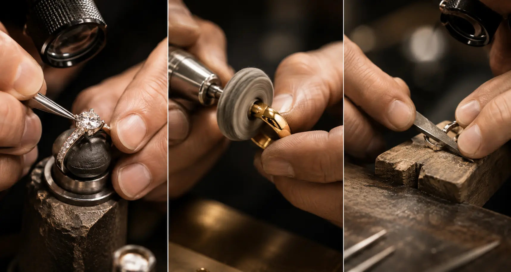 Aquae Jewels craftsmen hand-setting a diamond, polishing an 18K gold band and finishing fine jewelry in the Dubai workshop