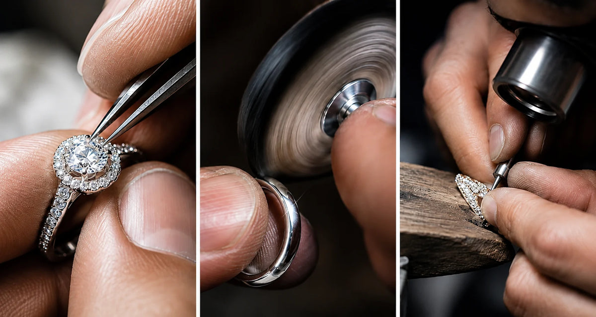 Aquae Jewels craftsmen hand-setting diamonds, polishing and inspecting fine jewelry in the Dubai workshop