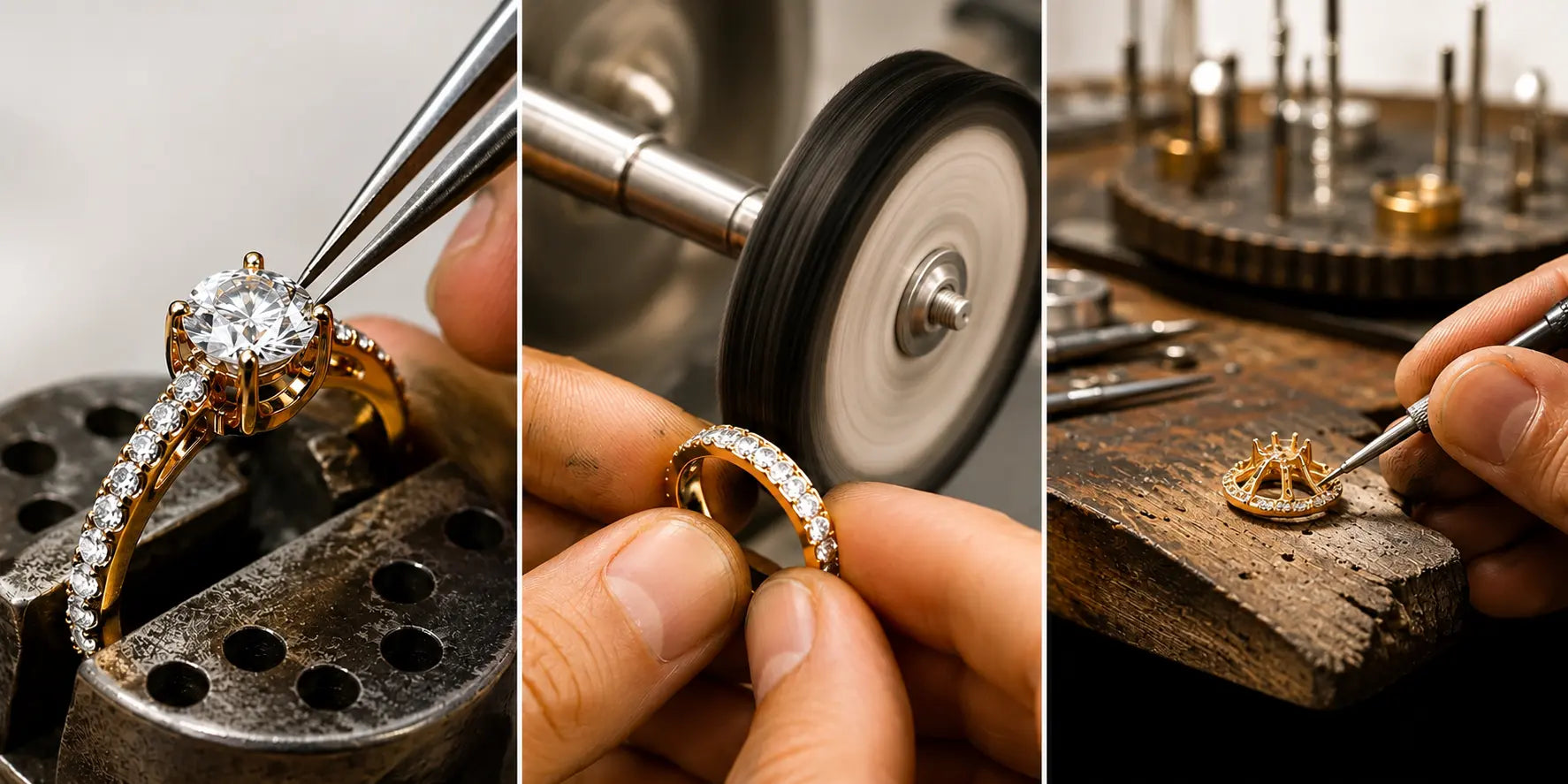 Handcrafted craftsmanship — Aquae Jewels workshop, Dubai Aquae Jewels craftsmen hand-setting a natural diamond, polishing a solid 18K gold band and finishing bespoke fine jewelry in the Dubai workshop