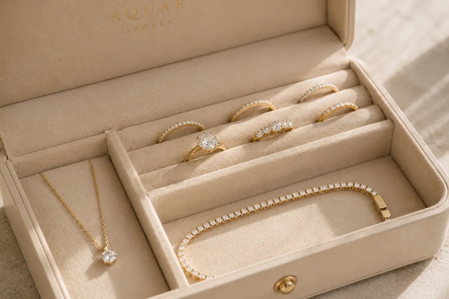 Aquae Jewels jewelry storage box holding solid 18K gold diamond rings, a pendant necklace and a tennis bracelet stored separately