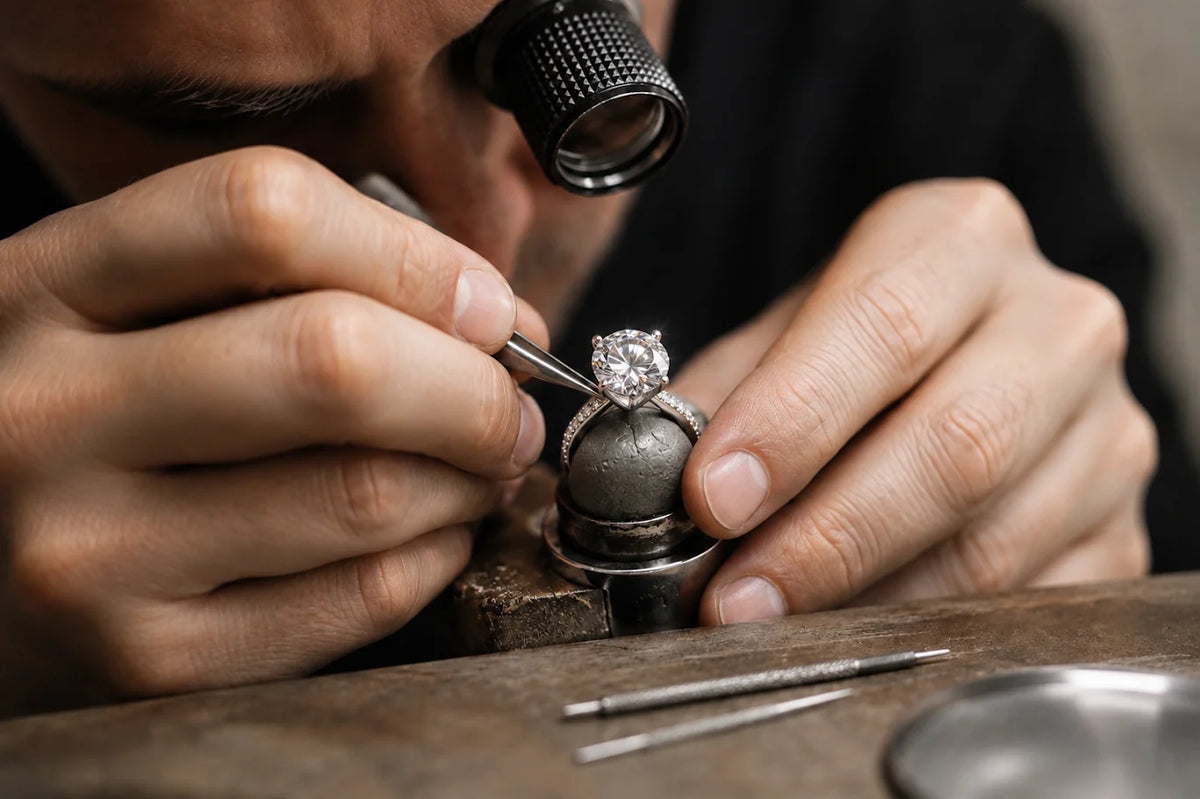 Aquae Jewels master jeweler inspecting a natural diamond engagement ring through a loupe in the Dubai workshop