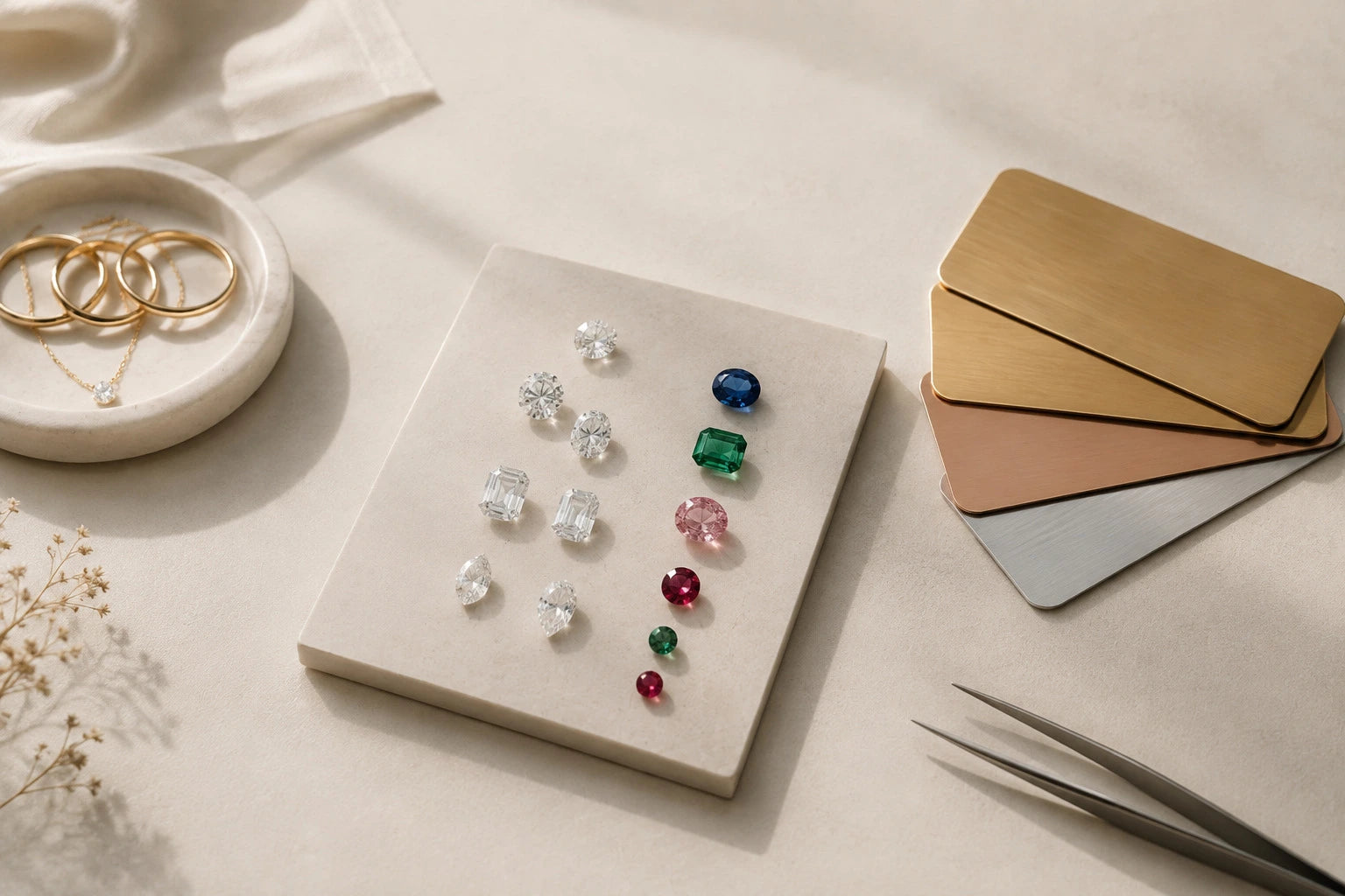 Loose natural diamonds, sapphire, emerald and ruby beside 18K yellow, white and rose gold colour swatches