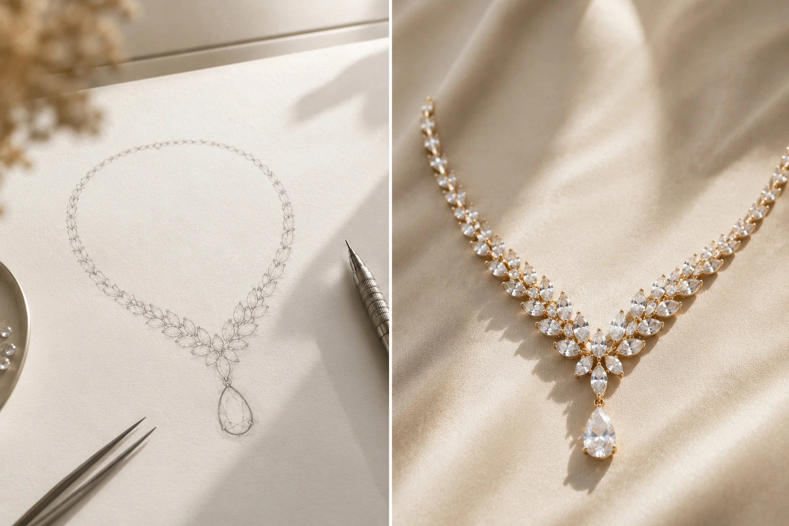 Hand-drawn design sketch of a marquise diamond necklace beside the finished bespoke necklace in 18K gold