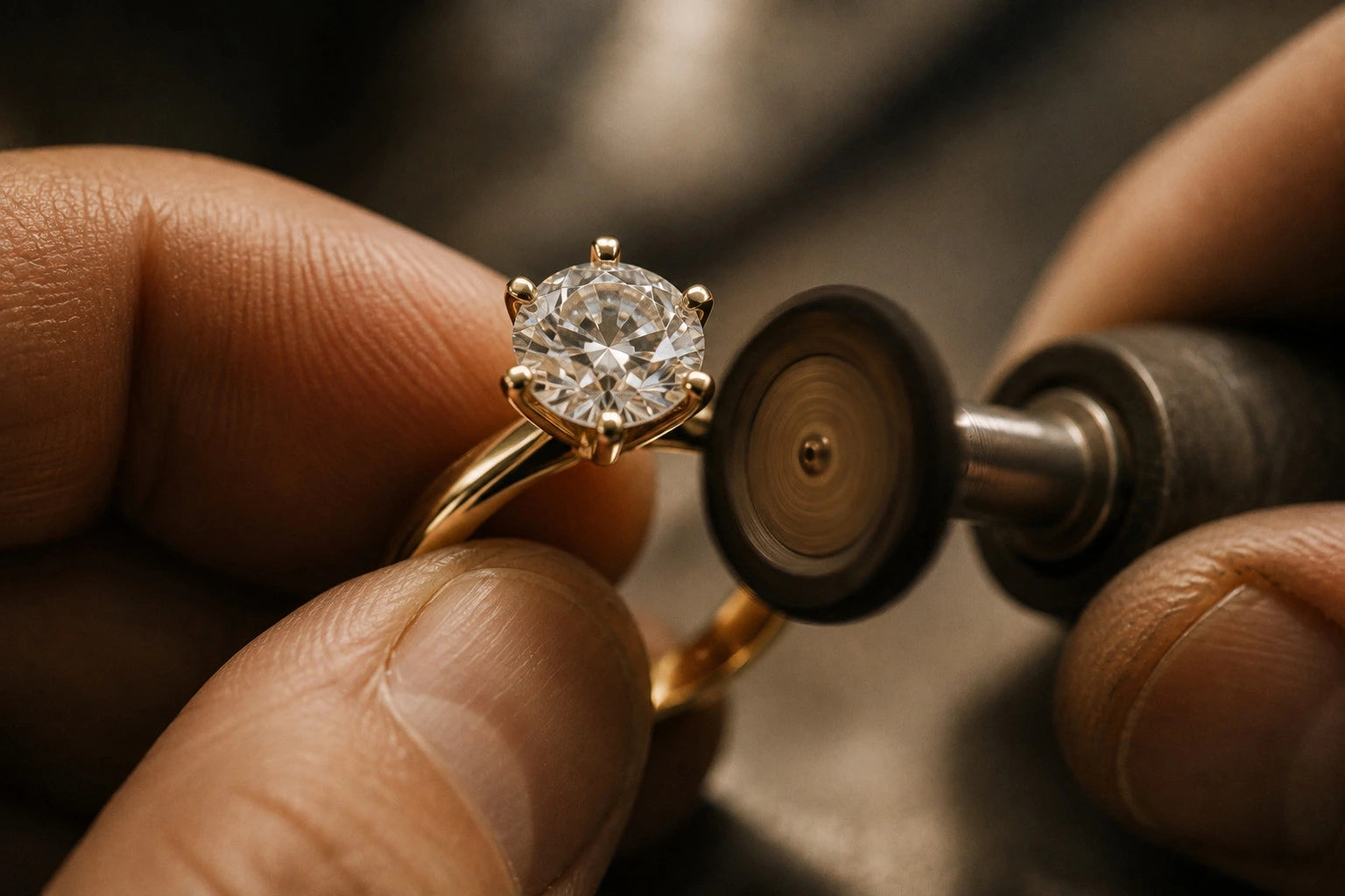 Jeweler polishing a bespoke solitaire diamond engagement ring in solid 18K yellow gold