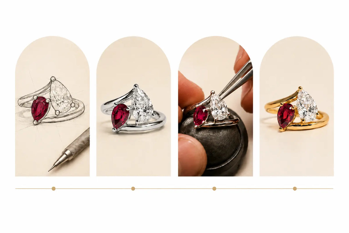 Aquae Jewels ruby and pear-shaped diamond ring shown during the creation process