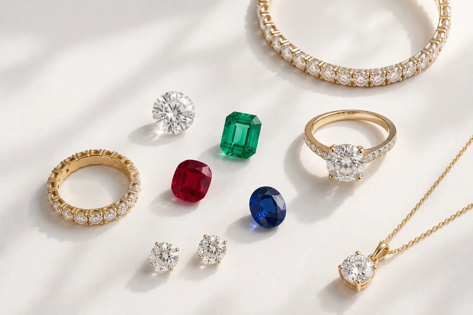 Solid 18K gold, natural diamonds and precious gemstones — Aquae Jewels Collection of Aquae Jewels solid 18K gold fine jewelry with natural diamonds, emerald, ruby and sapphire — rings, earrings, pendant and bracelet, Dubai