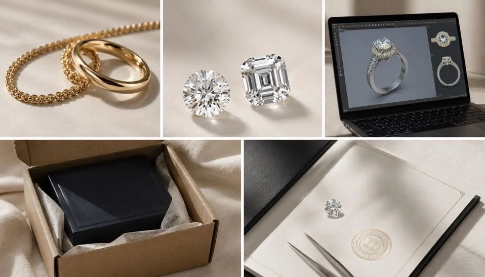 Solid 18K gold, natural diamonds, CAD rendering, luxury packaging and Certificate of Authenticity from Aquae Jewels