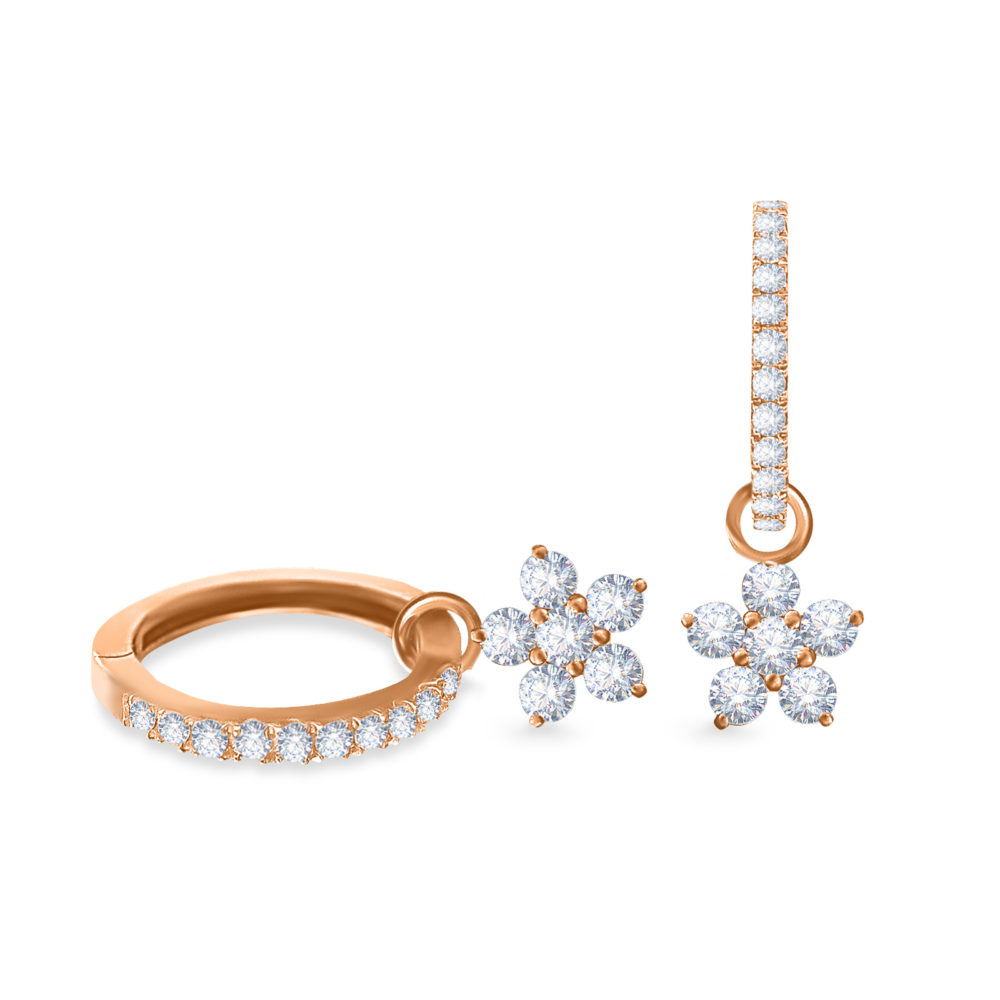 Diamond Floral Hoops Peonies Earrings in 18K Gold with White Diamonds