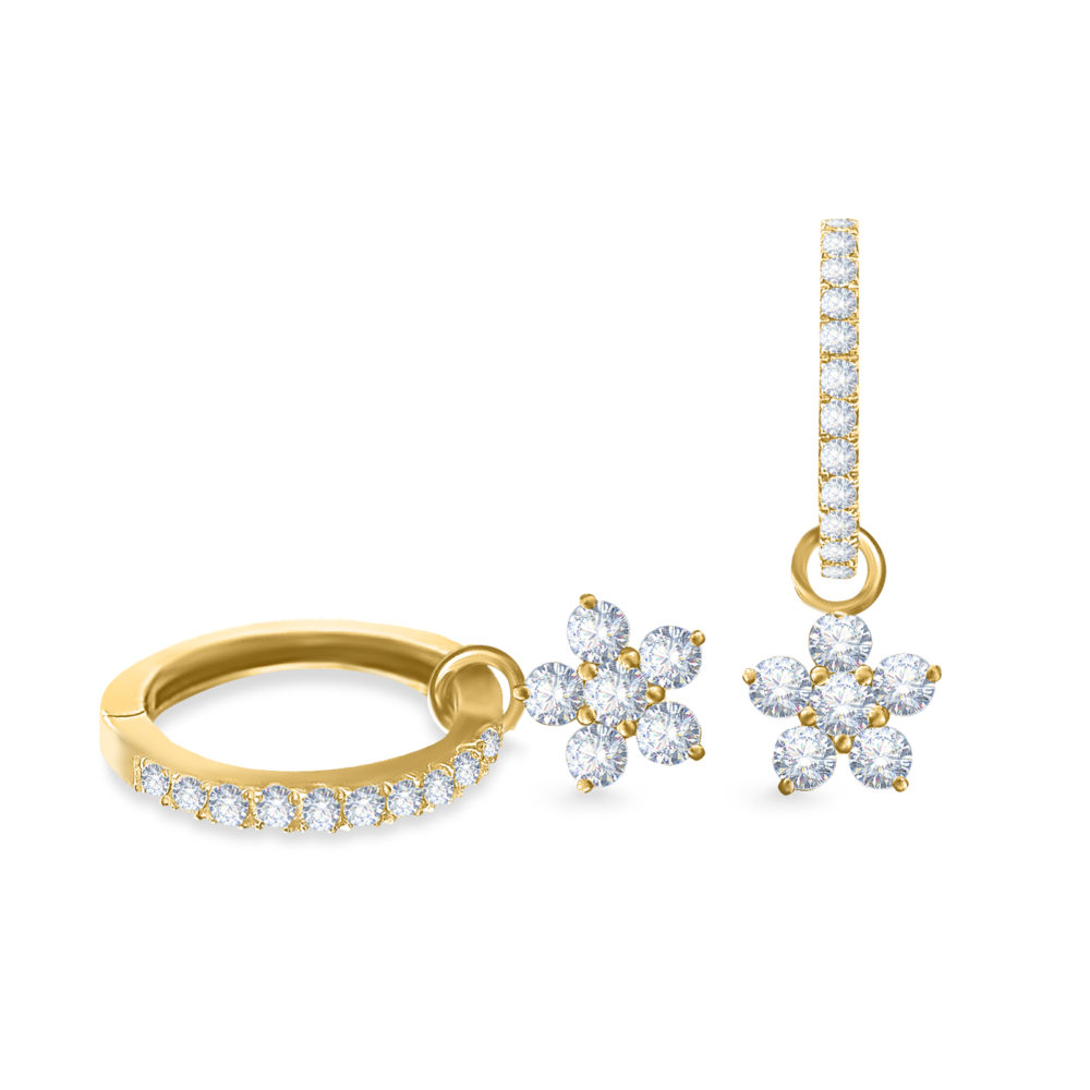 Diamond Floral Hoops Peonies Earrings in 18K Gold with White Diamonds