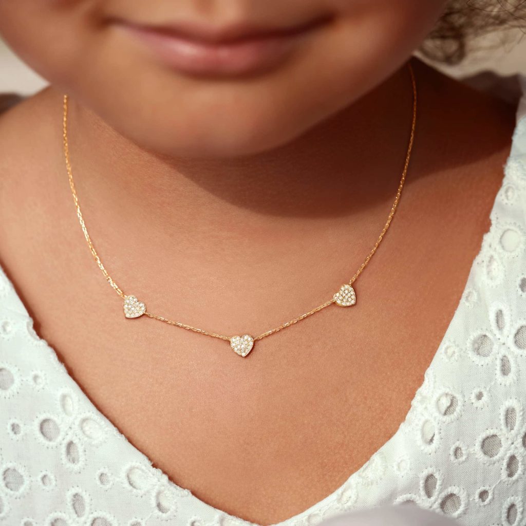 Baby Necklace 3 Diamonds Hearts 18K Gold