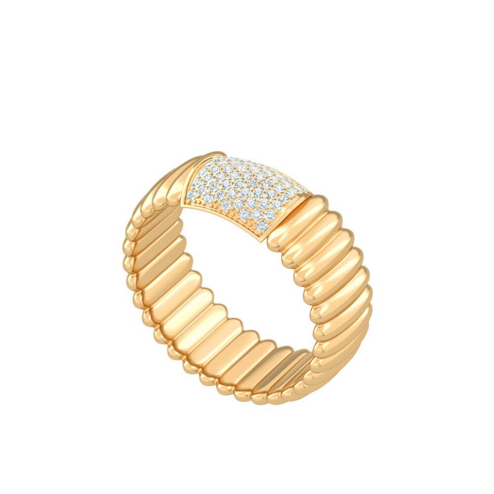 Bold Pattern Ring: A Statement of Modern Elegance The Bold Pattern Ring, also known as the Mont Blanc Hermes Ring, is a stunning piece crafted in 18K gold. With its bold patterned band and 0.26 carats of stacked diamonds as a centerpiece, this ring captures attention with its sophisticated yet modern design. The Bold Pattern Ring is ideal for those looking to make a statement while maintaining versatility in their jewelry collection. Why Choose the Bold Pattern Ring? The Bold Pattern Ring is perfect for those who appreciate unique, standout pieces. Its intricate pattern and diamond centerpiece make it an ideal choice for adding a touch of elegance to any outfit. Whether worn alone or paired with other pieces, this Patterned Diamond Ring will enhance your style effortlessly. Available in Yellow, Rose, and White Gold Choose from three luxurious gold options—Yellow Gold, Rose Gold, or White Gold—to best suit your personal style. The Mont Blanc Hermes Ring is a must-have for any jewelry lover seeking a bold yet refined addition to their collection.